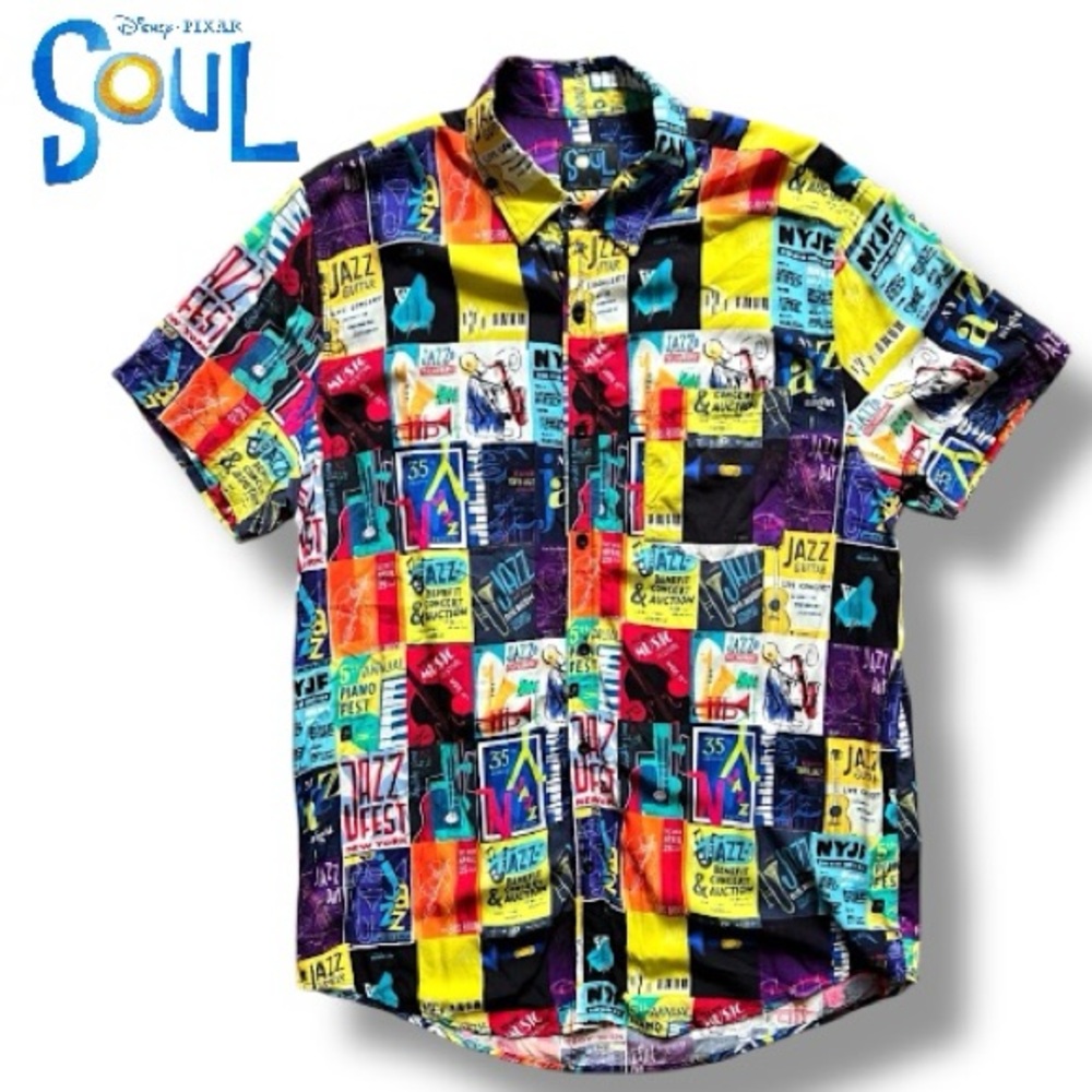 Disney Men’s Pixar “Soul” Movie Hawaiian Short Sleeve Button-Up Shirt | Size L